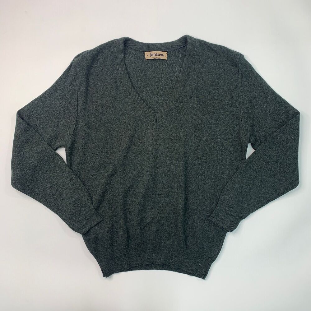 Vintage Jantzen Sweater Mens L Large Hunter Green Knit V Neck Pullover Made USA - Picture 2 of 9